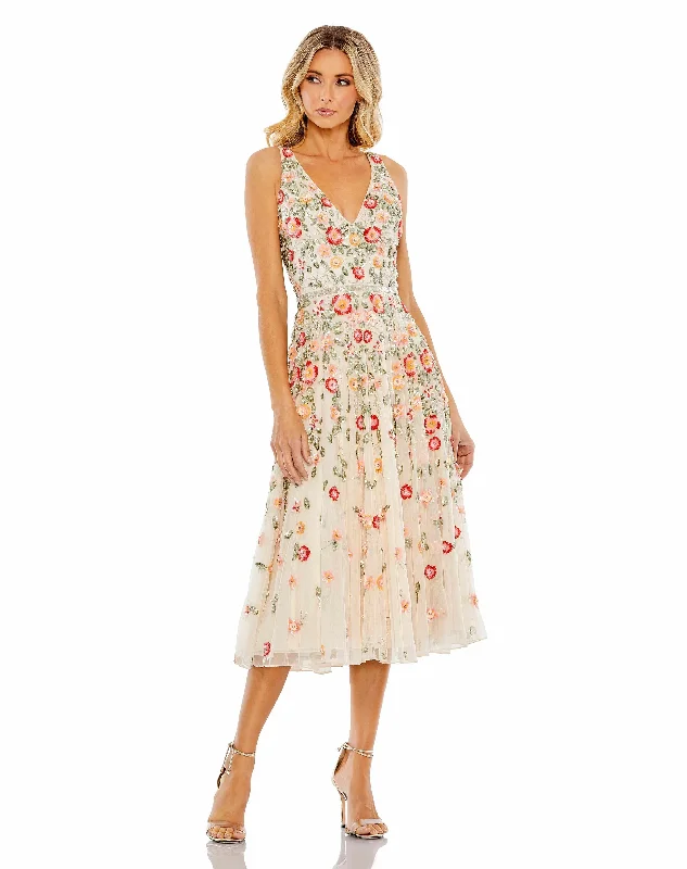 Mac Duggal 5527 Deep V Neck Embroidered Tea Length Dress