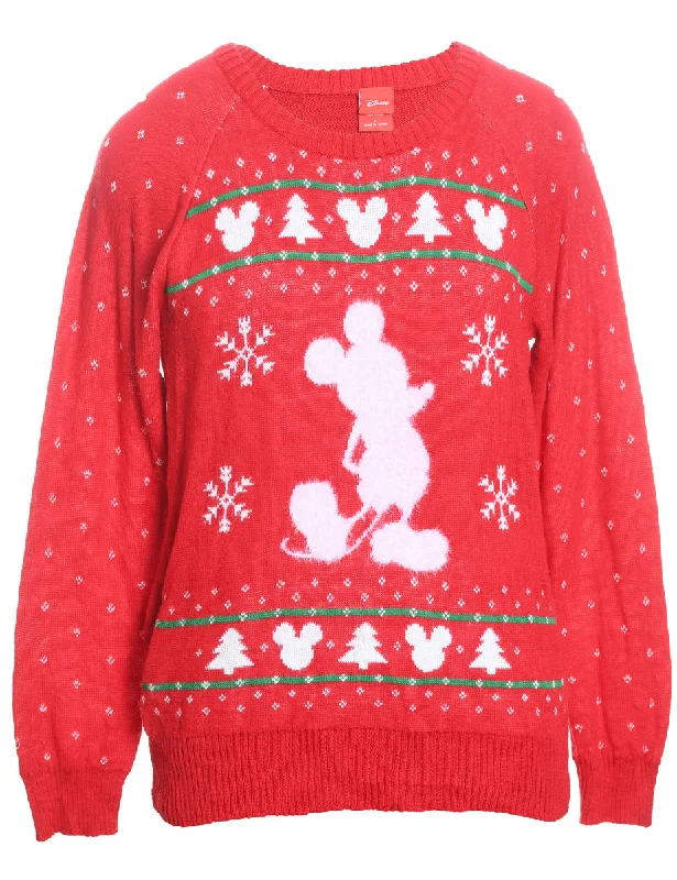 Mickey Mouse Red Knit Disney Christmas Jumper - L High Neck Crew Neck V-Neck