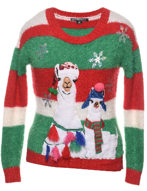 Multi-Colour Llama Design Christmas Jumper - XS Chenille Blend Fleece Blend Nylon Blend
