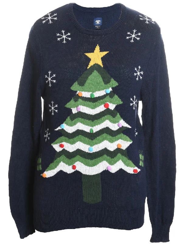 Navy Christmas Jumper - S Solid Color Striped Floral Print