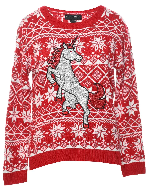 Nordic Unicorn Christmas Jumper - L Mesh Sweater Canvas Denim