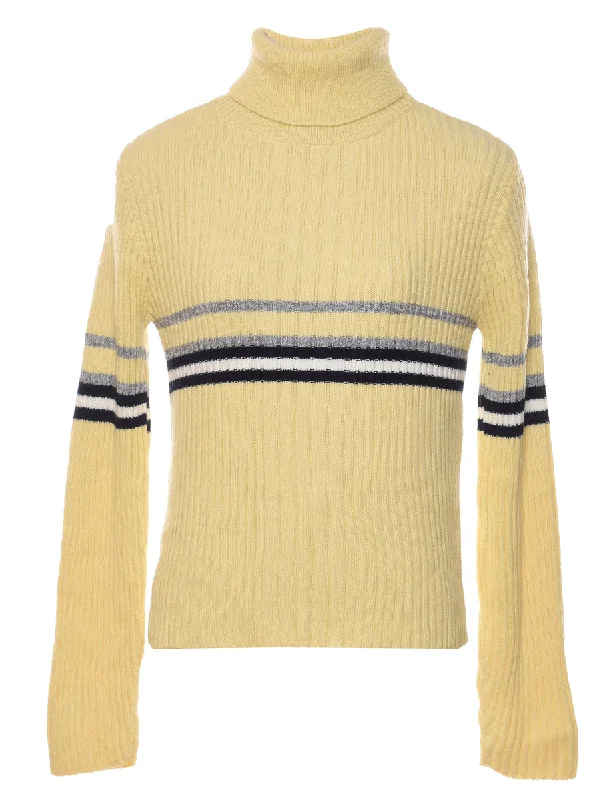 Pale Yellow Striped Turtleneck Jumper - M Fleece Sweater Nylon Polyester