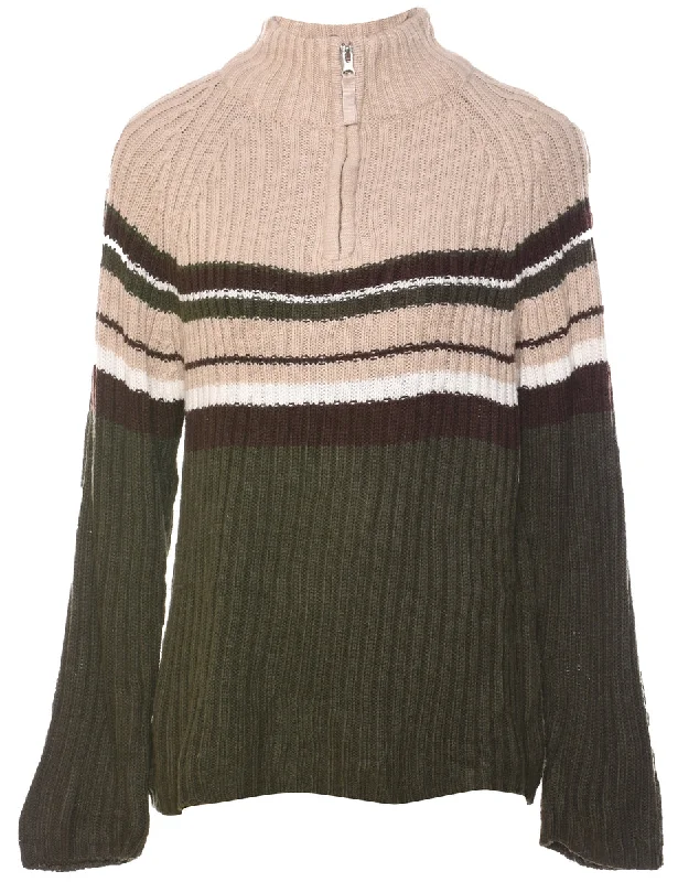 Quarter Zip High Neck Jumper - L Solid Color Striped Floral Print