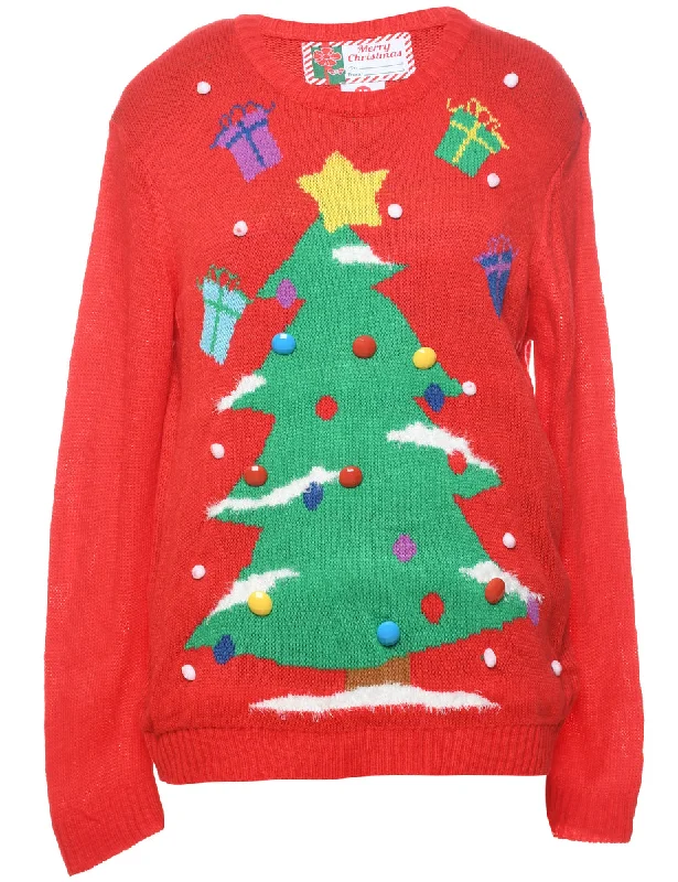 Red Christmas Jumper - M Ribbed Striped Patterned