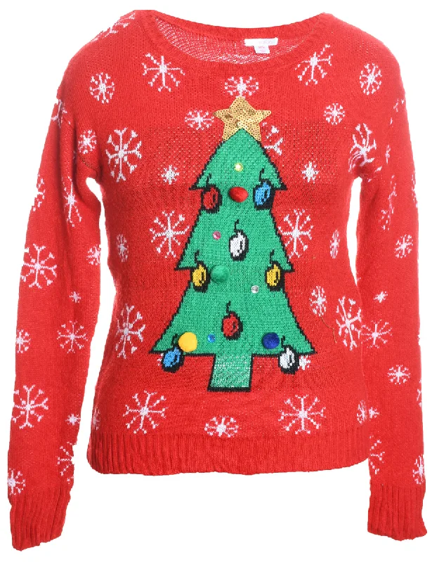 Red Christmas Jumper - M Ribbed Striped Patterned