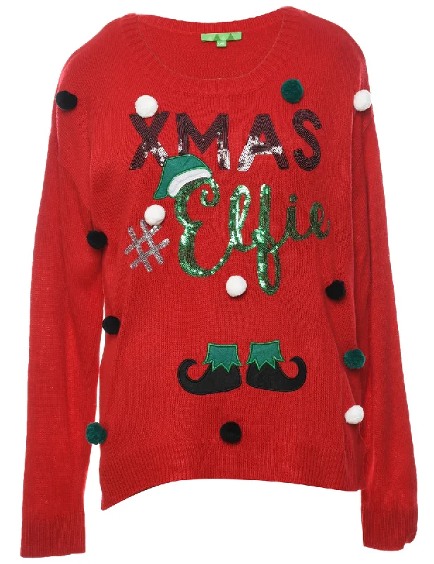 Red Christmas Jumper - XL Front Pockets Side Pockets Patch Pockets