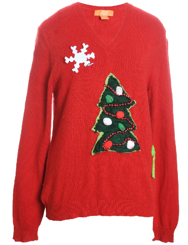 Red Christmas Tree Design Jumper - M Mesh Sweater Canvas Denim