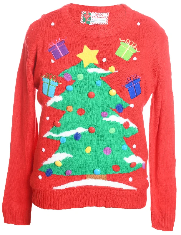 Red Christmas Tree Design Knit Jumper - M Embroidered Appliqued Beaded