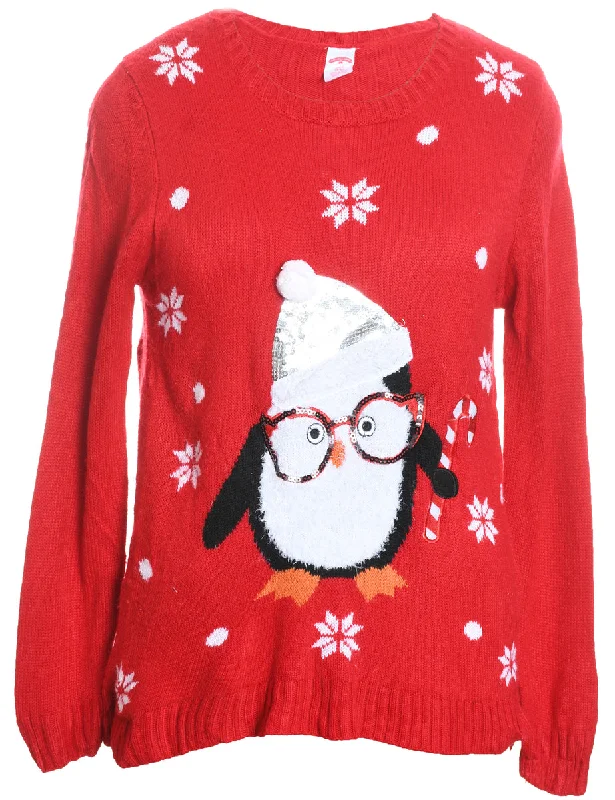 Red Knit Penguin Christmas Jumper - S Terry Terry Cloth Terry Knit
