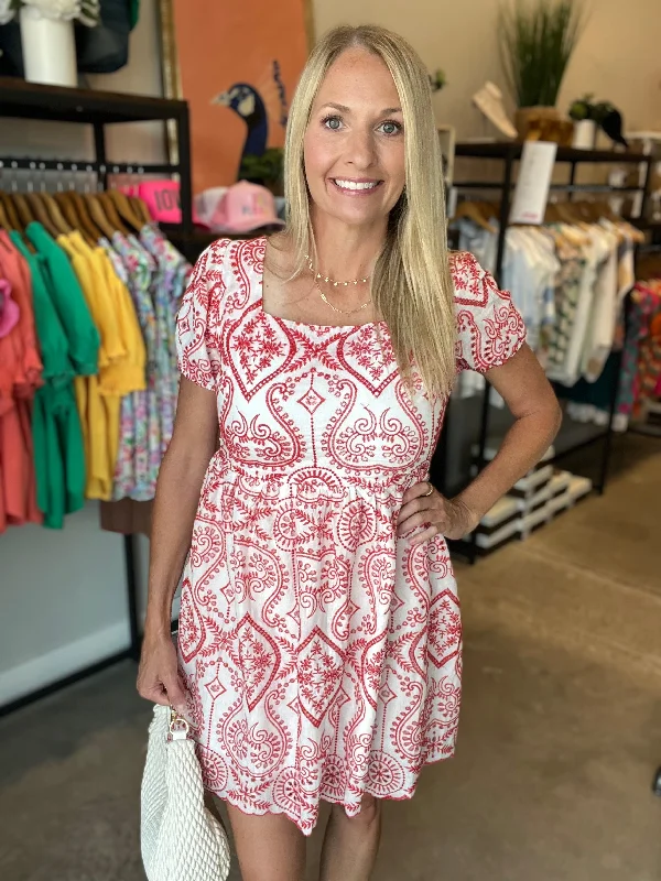 Red/White Eyelet Dress(920)