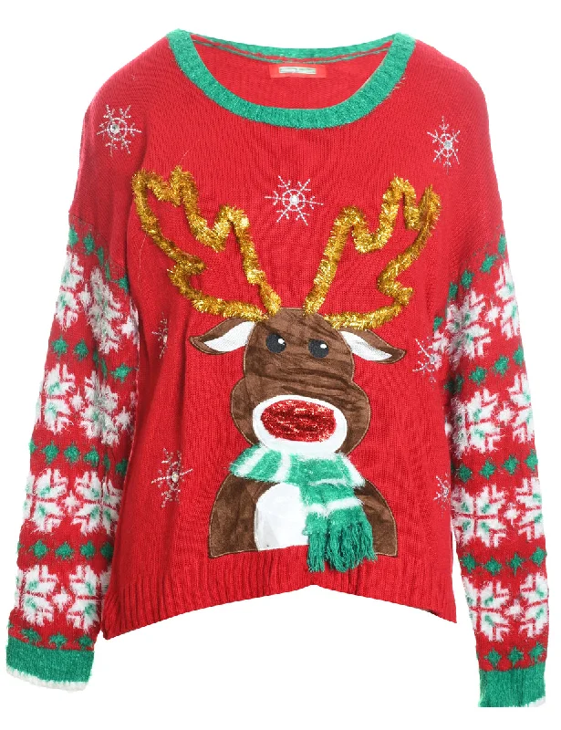 Reindeer Design Red & Green Knit Christmas Jumper - L Embroidered Appliqued Beaded