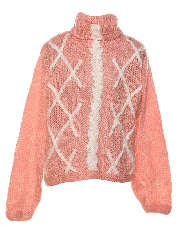 Salmon Pink Turtleneck Jumper - L Cashmere Blend Cotton Blend Poly Blend