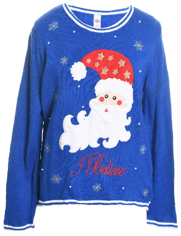 Santa Claus Christmas Jumper - L Ribbed Striped Patterned