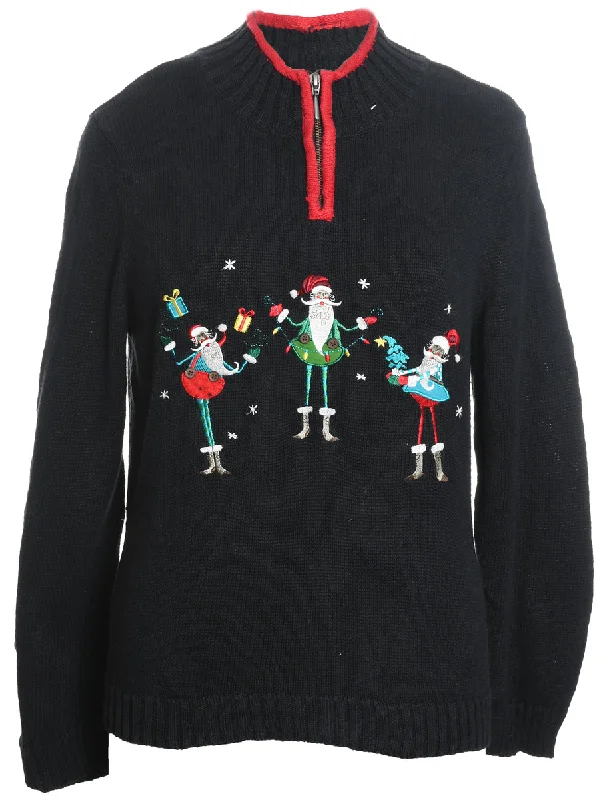 Santa Claus Christmas Jumper - L Front Pockets Side Pockets Patch Pockets