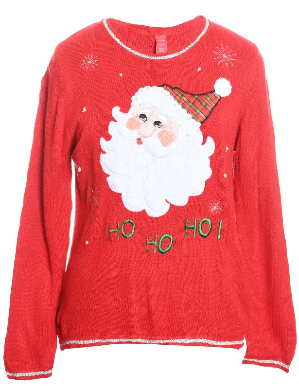 Santa Claus Christmas Jumper - L Beaded Sweater Sequined Faux Fur
