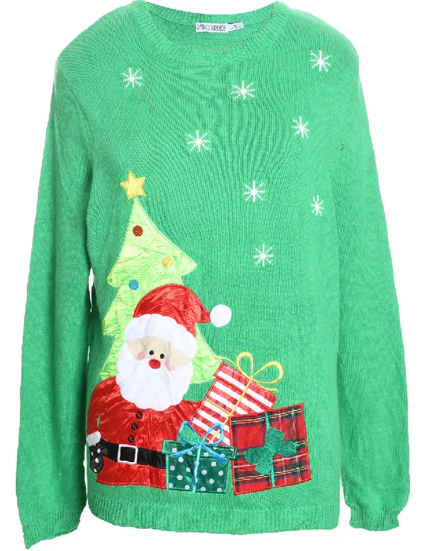 Santa Claus Christmas Jumper - XL Beaded Sweater Sequined Faux Fur