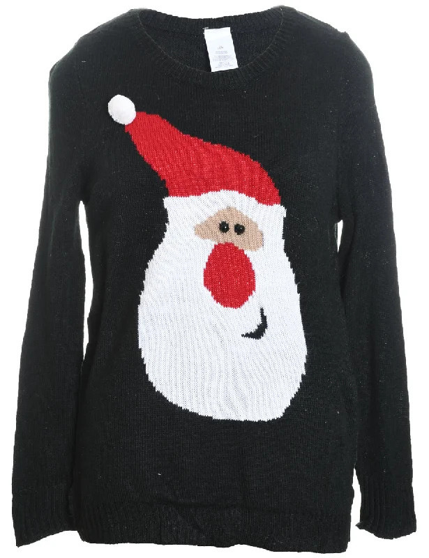 Santa Claus Design Black Knit Christmas Jumper - L Bright Pastel Dark
