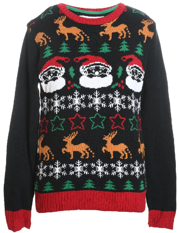 Santa Claus Design Black Knit Christmas Jumper - M Fleece Fabric Down Fabric Feather Fabric
