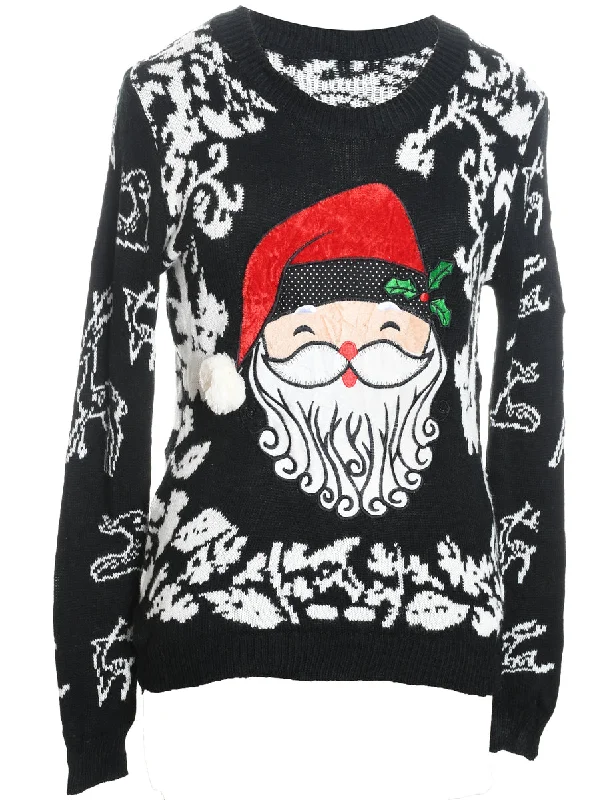Santa Claus Design Black, Red & White Christmas Jumper - M Fitted Loose Oversized