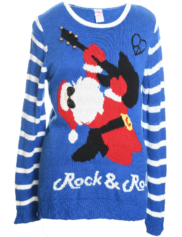 Santa Claus Design Blue Knit Christmas Jumper - L Fitted Loose Oversized