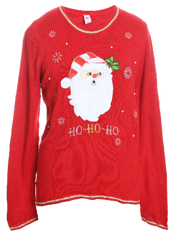 Santa Claus Design Red Embroidered Christmas Jumper - L Cable Knit Ribbed Knit Lace Knit