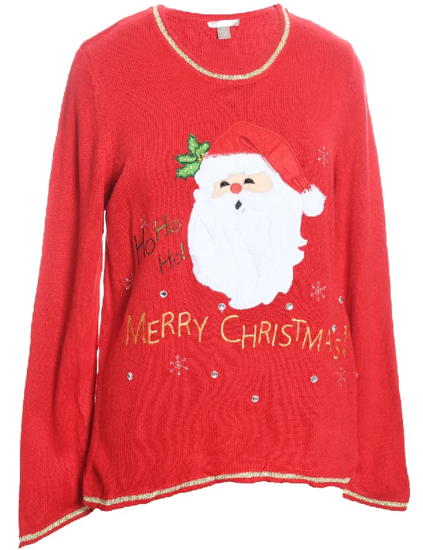 Santa Claus Design Red Embroidered Christmas Jumper - L Soft Cozy Warm