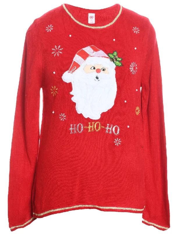 Santa Claus Design Red Embroidered Christmas Jumper - M Silk Blend Satin Velvet