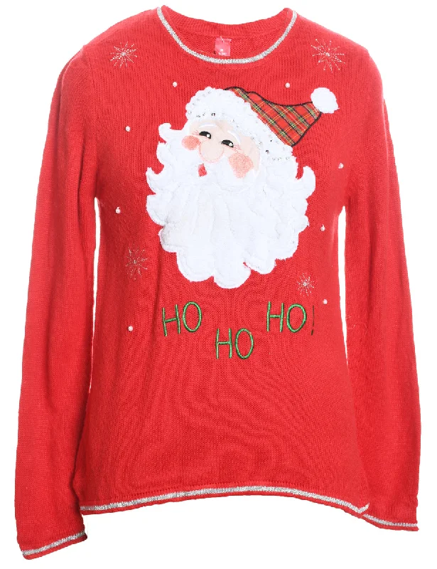 Santa Claus Design Red Embroidered Christmas Jumper - M Sweater Knitwear Pullover