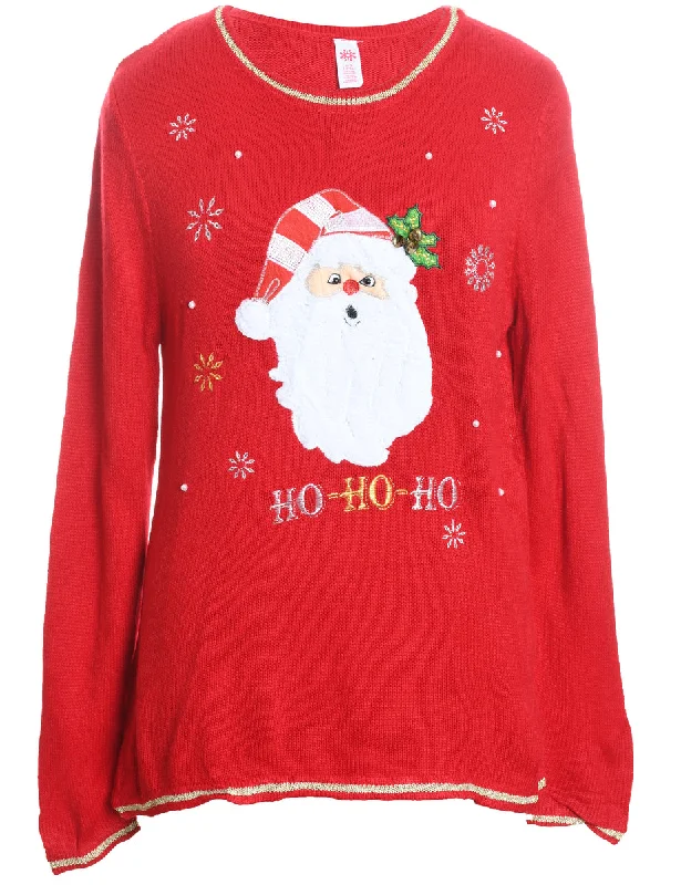 Santa Claus Design Red Knit Christmas Jumper - L Collared Crew Neck Turtle Neck