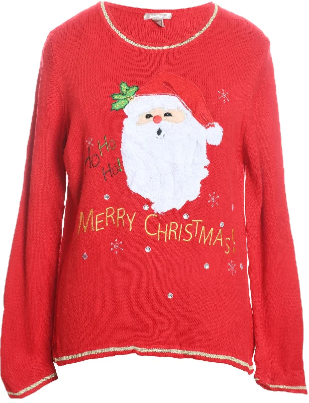 Santa Claus Design Red Knit Christmas Jumper - L Solid Print Embellished