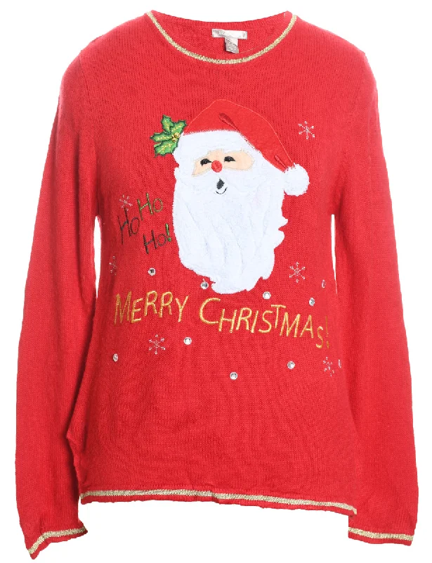 Santa Claus Design Red Knit Christmas Jumper - M Faux Fur Fabric Real Fur Fabric Shearling Fabric