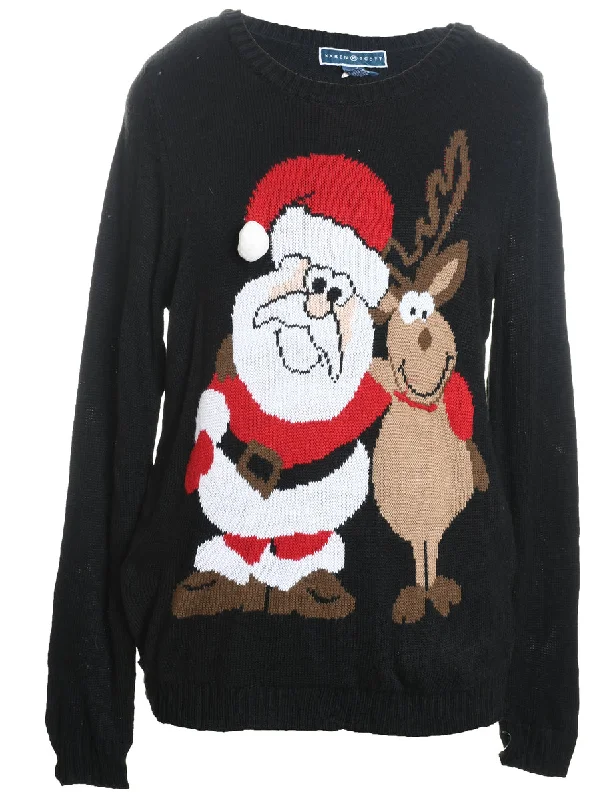 Santa Claus Design & Reindeer Christmas Jumper - M Sequined Glittery Shiny