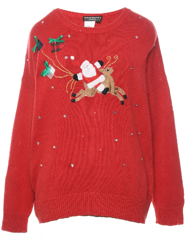 Santa Claus & Reindeer Vintage Christmas Jumper - XL High Neck Crew Neck V-Neck