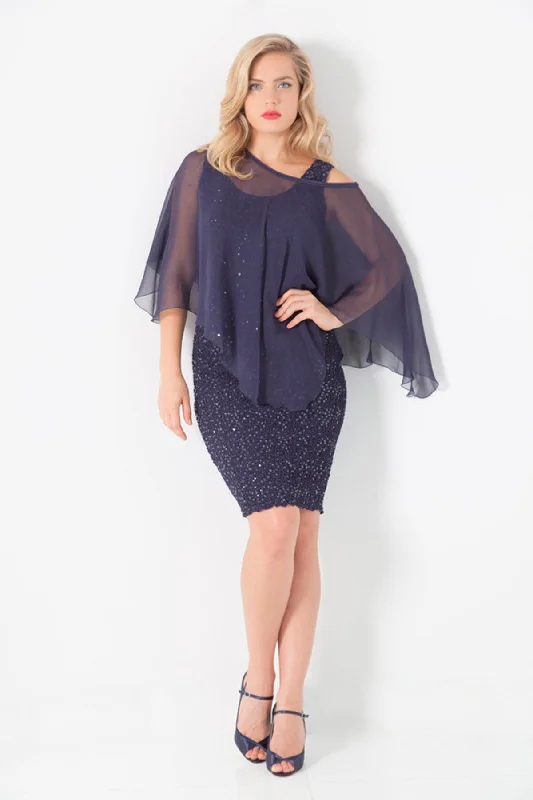 Silk Pucker Body-Con Tank Dress with Matching Silk Plisse Float D1548  Navy or Black