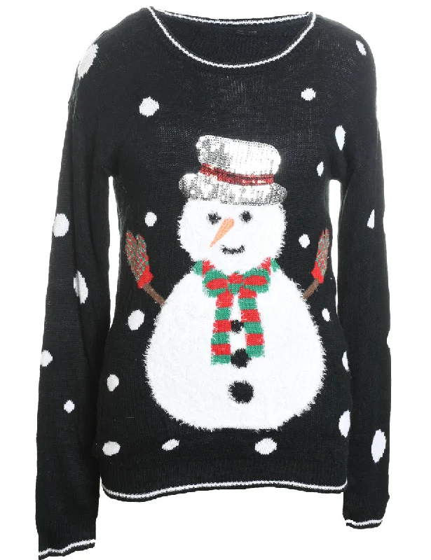 Snowman Design Black Christmas Jumper - M Glossy Satin Silk