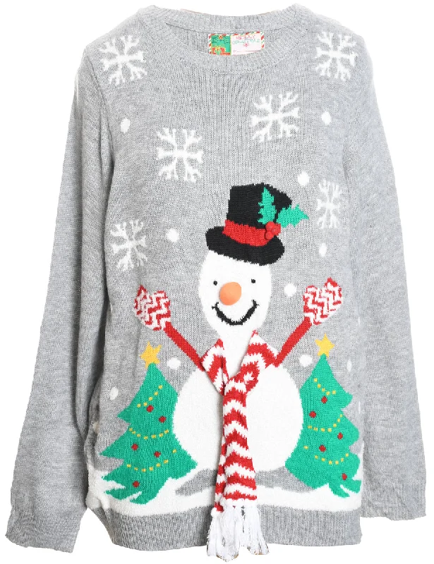 Snowman Design Grey Christmas Jumper - L Chenille Blend Fleece Blend Nylon Blend