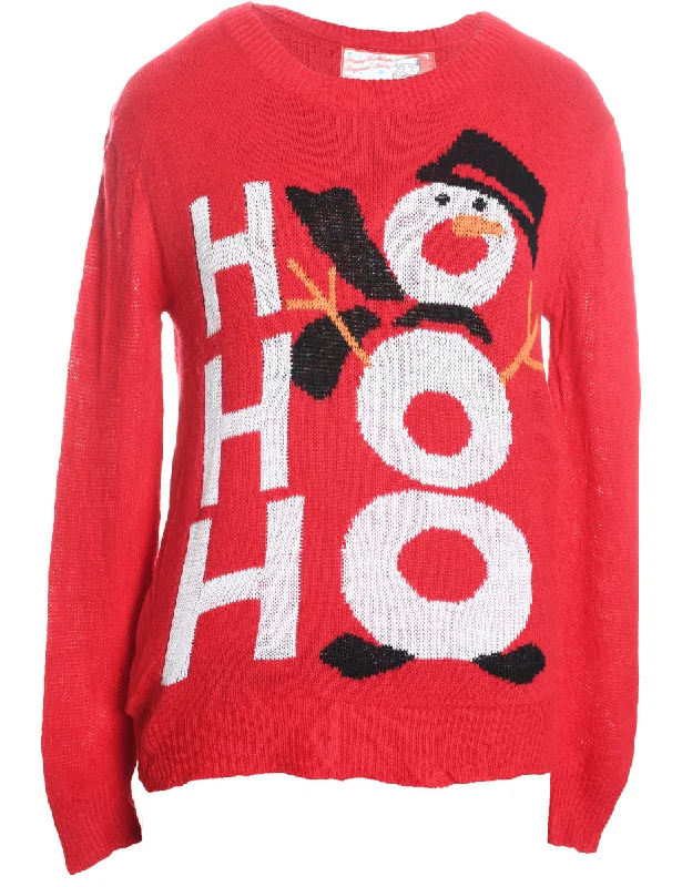 Snowman Design Red Knit Christmas Jumper - M Real Fur Shearling Chenille
