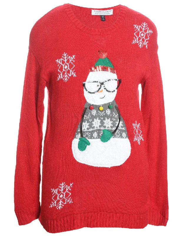 Snowman Design Red Knit Christmas Jumper - M Ribbed Striped Patterned