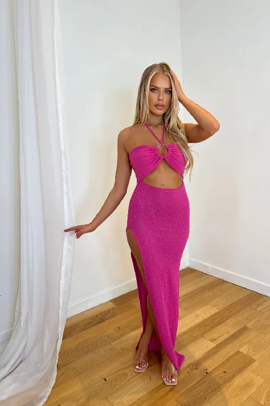 So Femme Hot Pink Sequin Knotted Split Skirt Dress