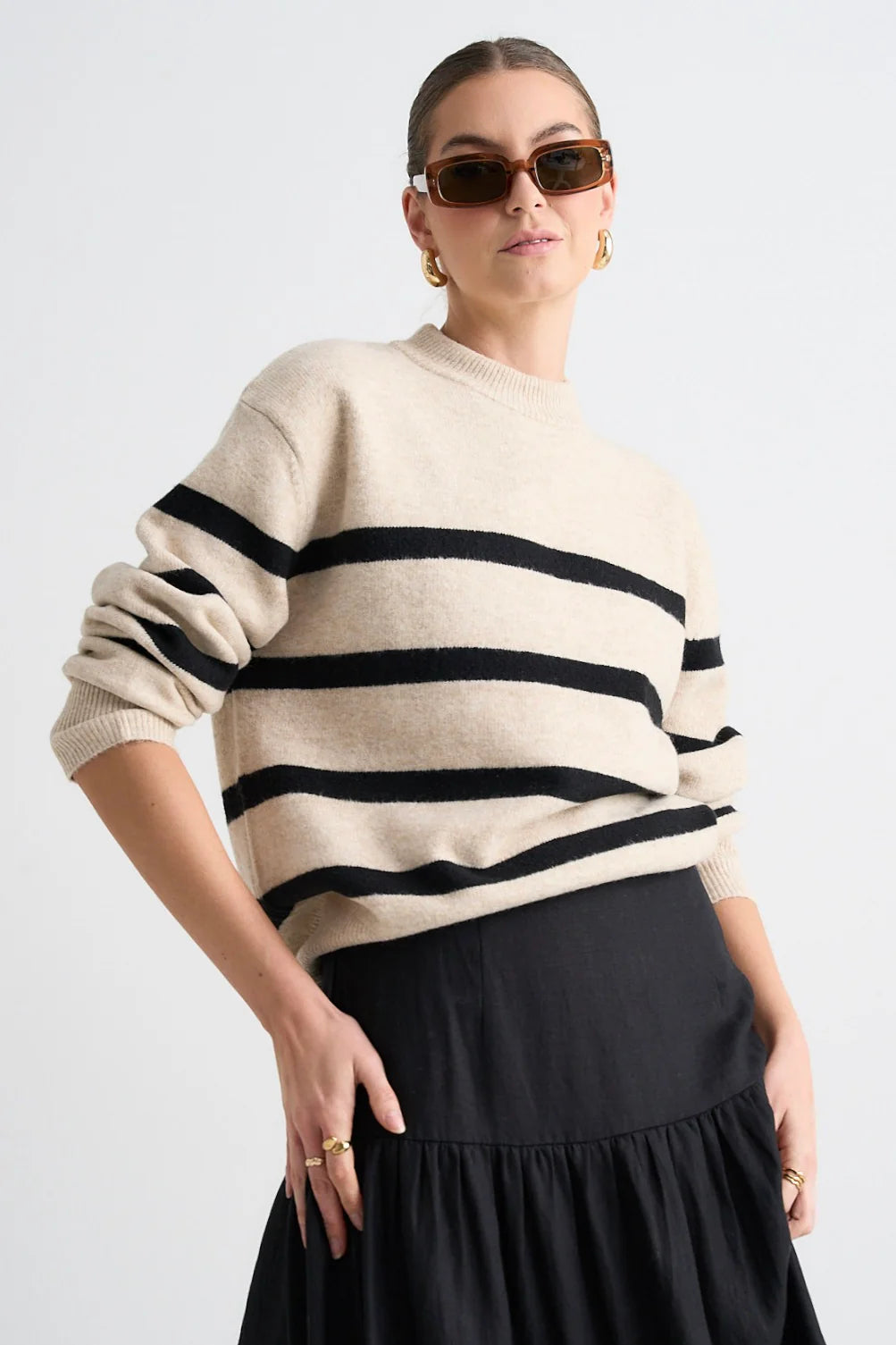 STORIES BE TOLD True Oat Black Stripe Crew Knit Jumper Mesh Sweater Canvas Denim
