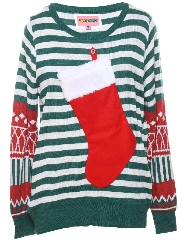 Striped Christmas Jumper - L Spandex Rayon Corduroy