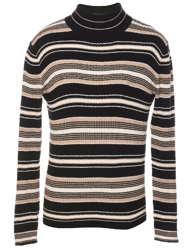 Striped High Neck Jumper - M Zippered Buttoned Snapped