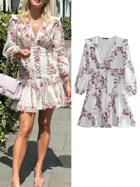 Summer New Puff Sleeve Lotus Leaf Printed V-Neck Knee-length Waist Lace-up Decoration Vestidos Dress CODE: KAR3372