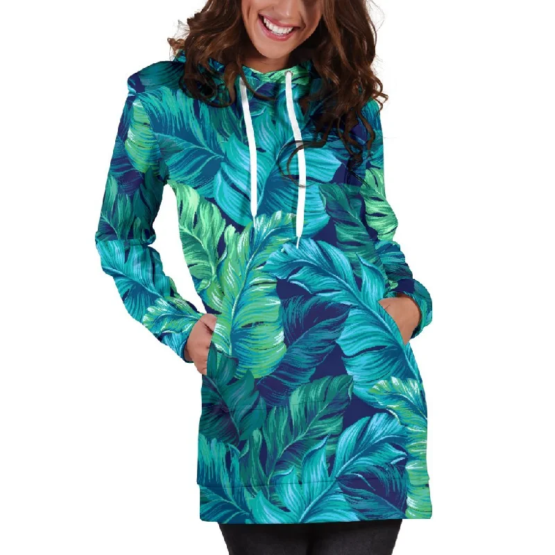 Turquoise Tropical Leaf Pattern Print Pullover Hoodie Dress