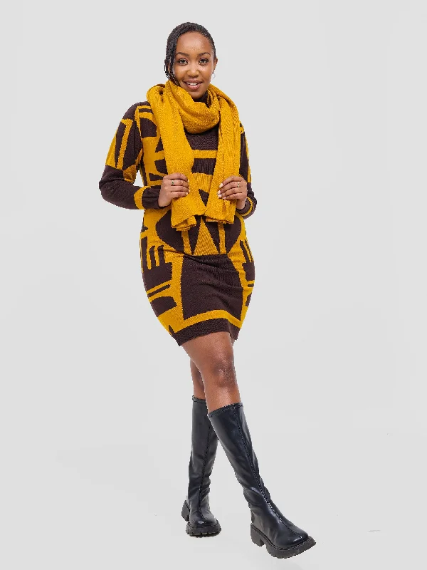 Vivo Lalani Turtle Neck Sweater Dress - Chocolate / Mustard Samba Print