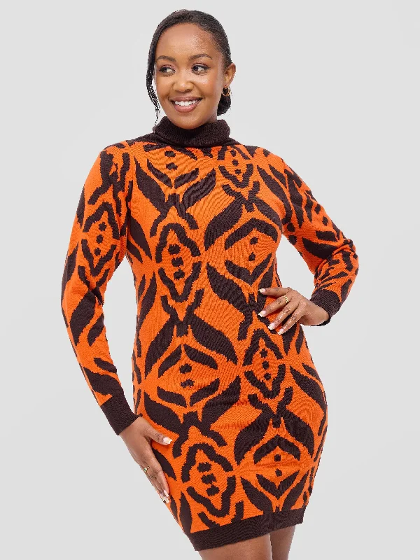 Vivo Lalani Turtle Neck Sweater Dress - Chocolate / Orange Ukwi Print
