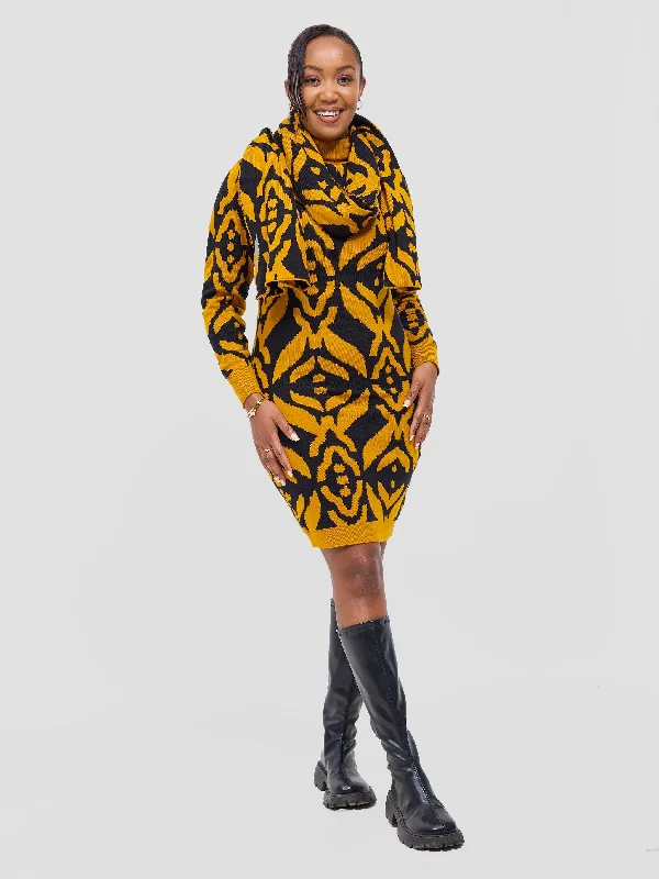Vivo Lalani Turtle Neck Sweater Dress - Mustard / Black Ukwi Print