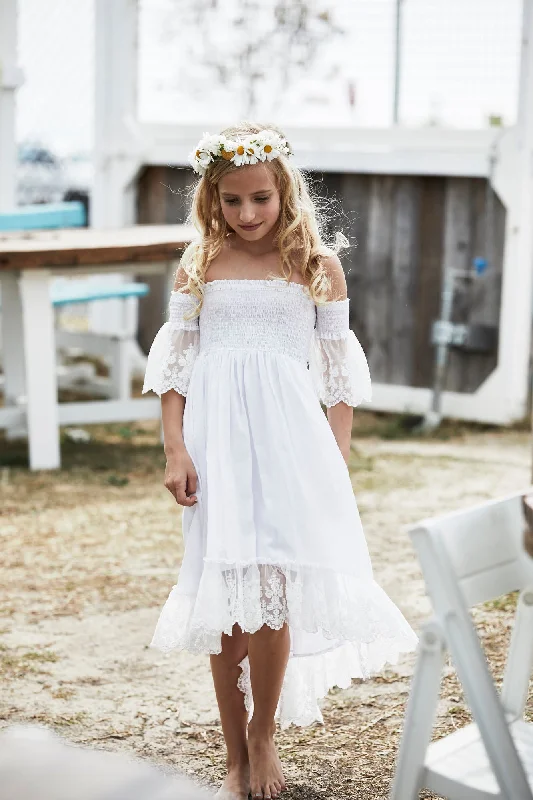 Maya Dress with lace sleeves- white colourway