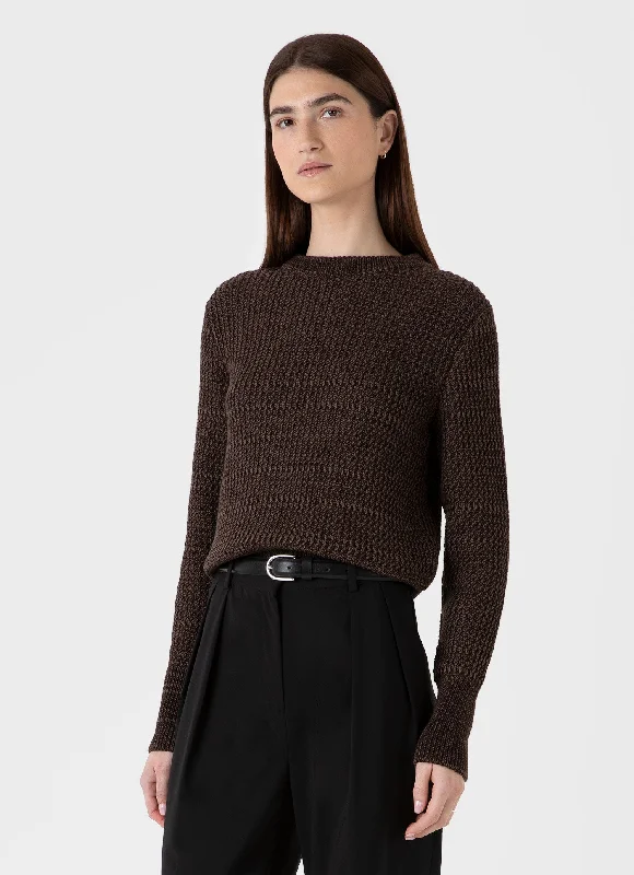 Women's Cotton Stitch Jumper in Coffee Twist Herringbone Houndstooth Plaid