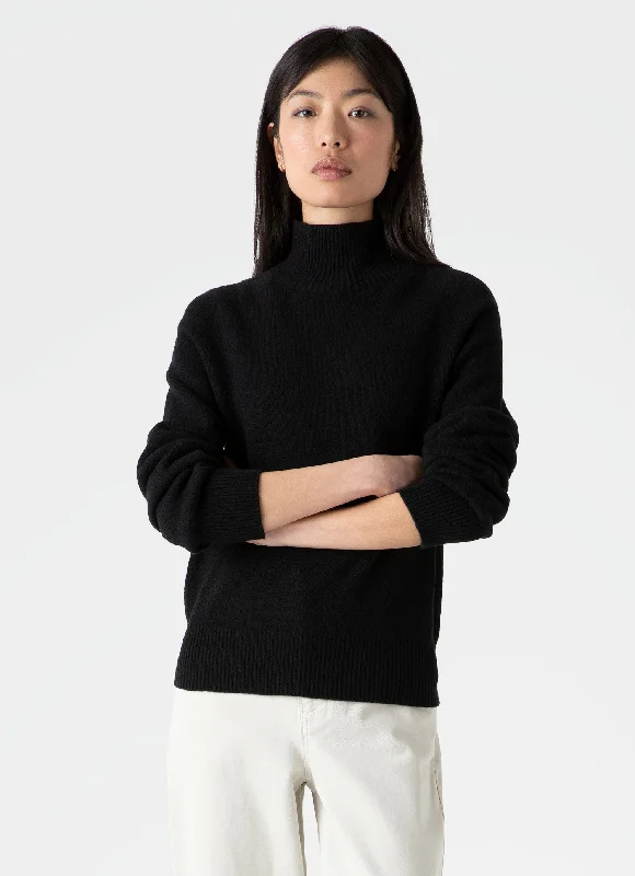 Women's Lambswool Funnel Neck Jumper in Black Chenille Fabric Brocade Fabric Lace Fabric Women's Lambswool Funnel Neck Jumper in Black Chenille Fabric Brocade Fabric Lace Fabric